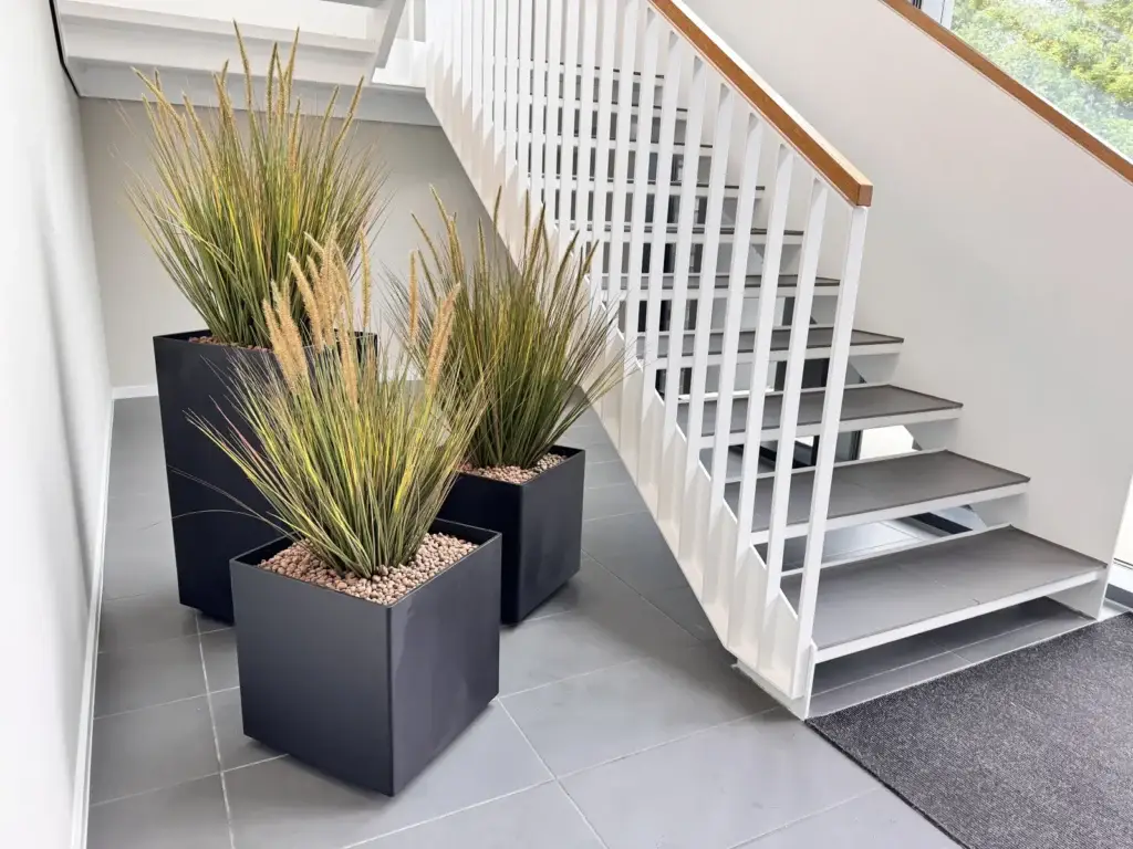 Gräser in dunklen Gefäßen neben einer weißen Treppe